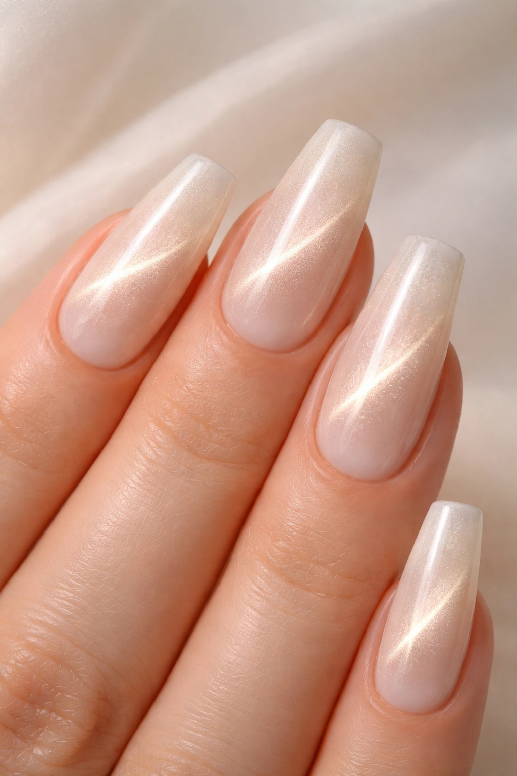 Champagne pearl cat eye nail on milky base