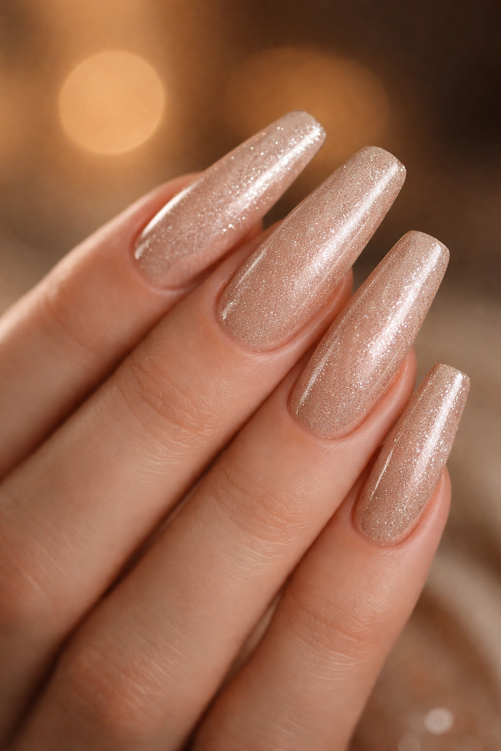 Champagne shimmer coffin nails with fine glitter on a hand