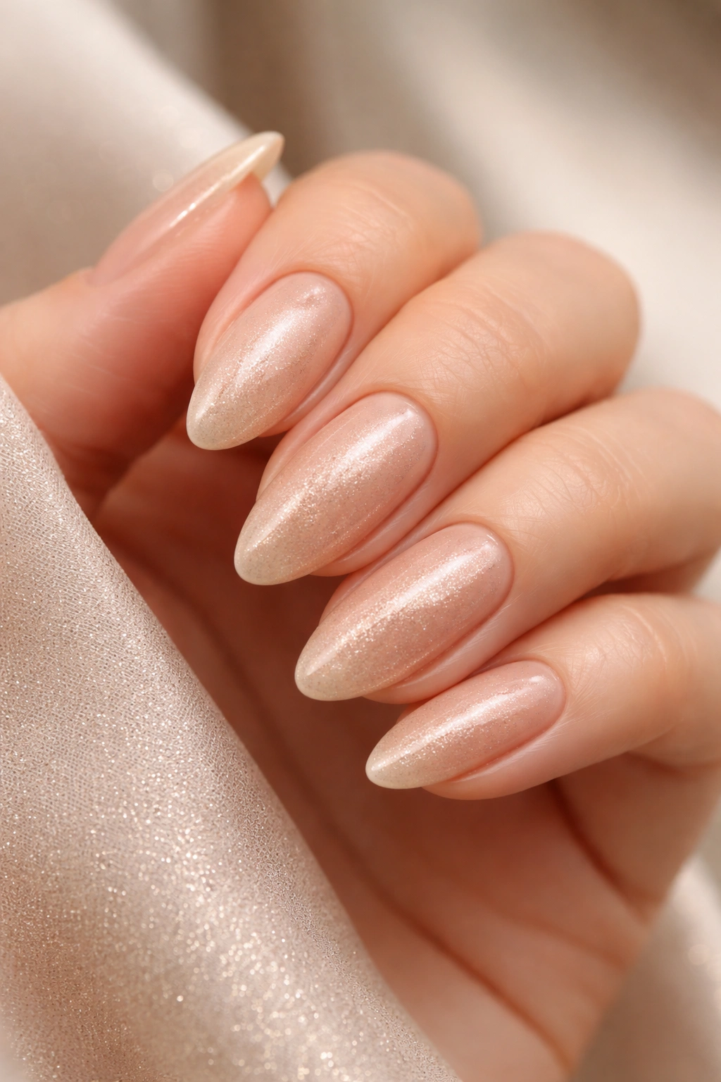 Close-up of nude almond nails with champagne shimmer and glossy finish