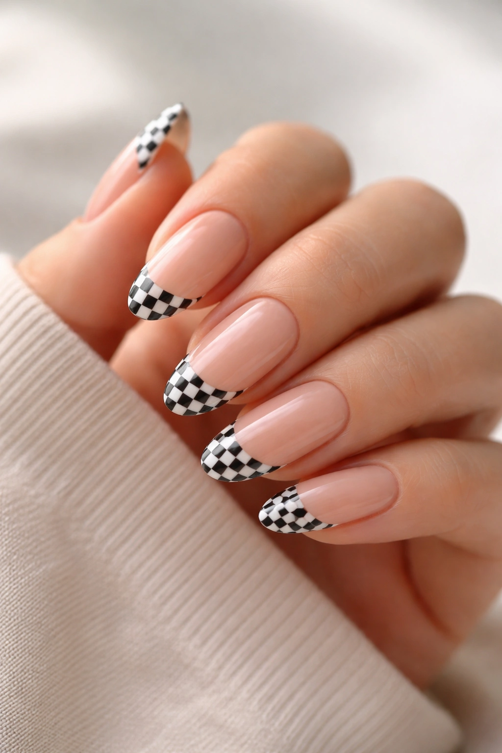 Almond nails with tiny checkerboard tips at the nail tips