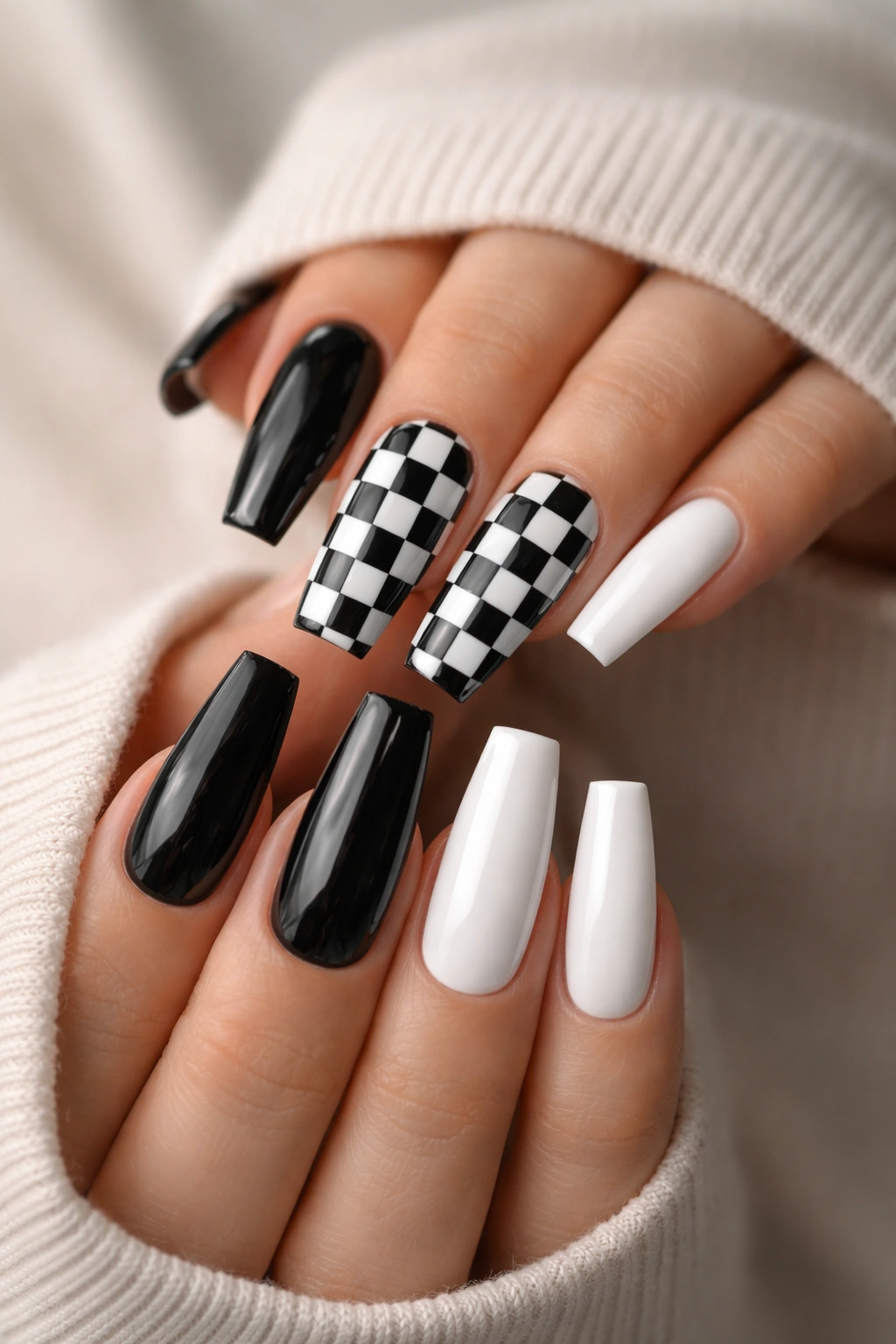 Checkerboard accent coffin nails on a manicure with solid black and white nails.