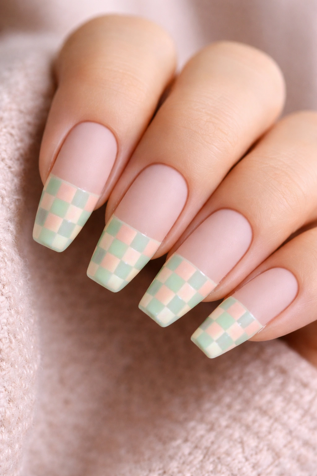 Ballerina nails with mint and peach checkerboard pattern