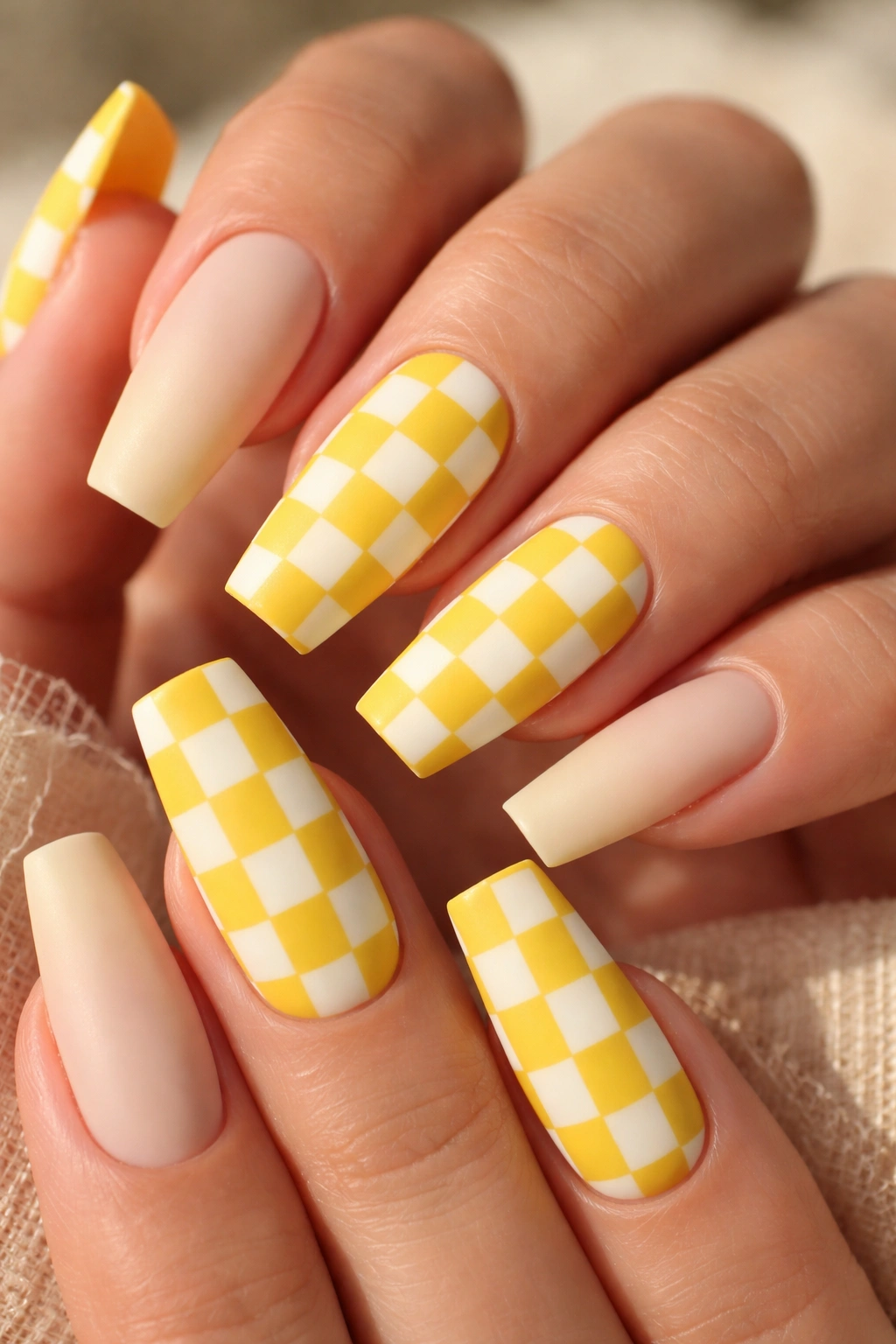 Checkerboard yellow coffin nails pattern on fingernails