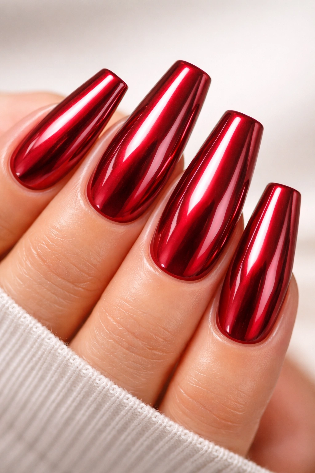 Close-up of cherry red coffin nails with chrome glaze and pearl finish, high gloss