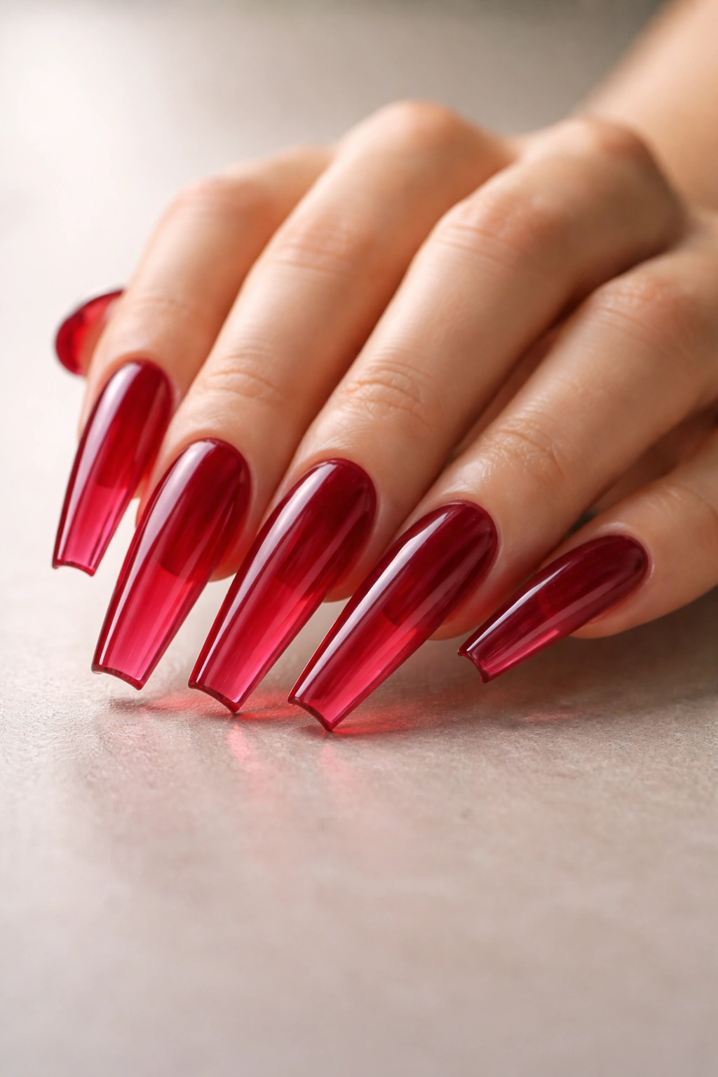 Close-up of cherry jelly coffin nails with translucent red finish