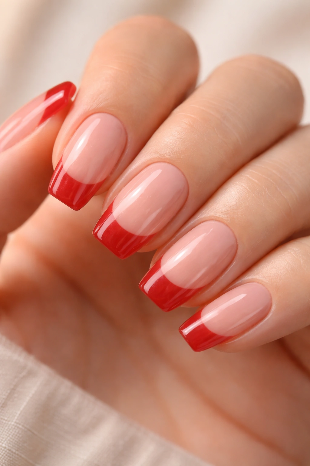 Short coffin nails with red jelly tips on nude base