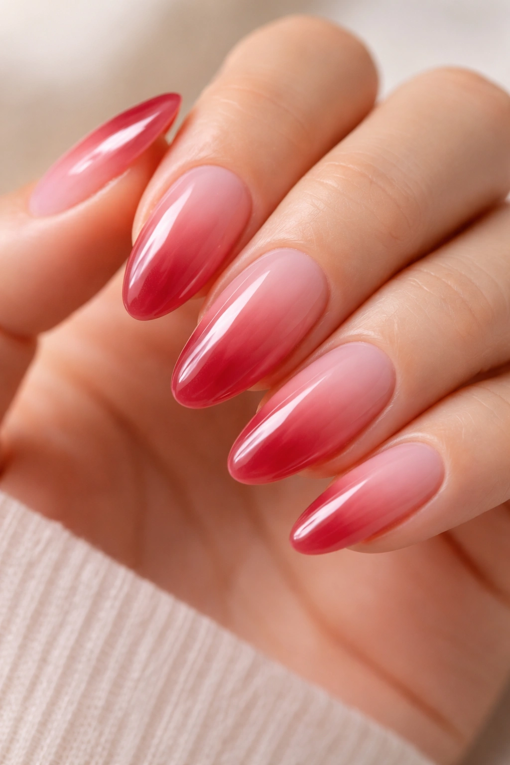Almond nails cherry jelly fading to sheer pink with glossy finish