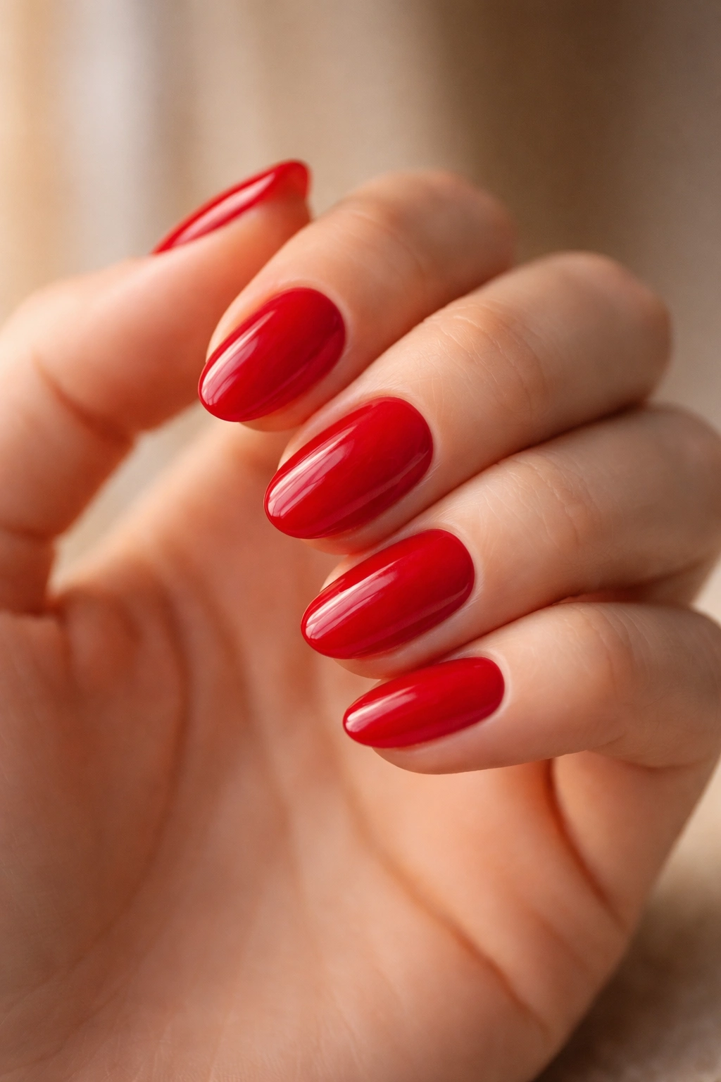 Short almond nails in cherry red polish