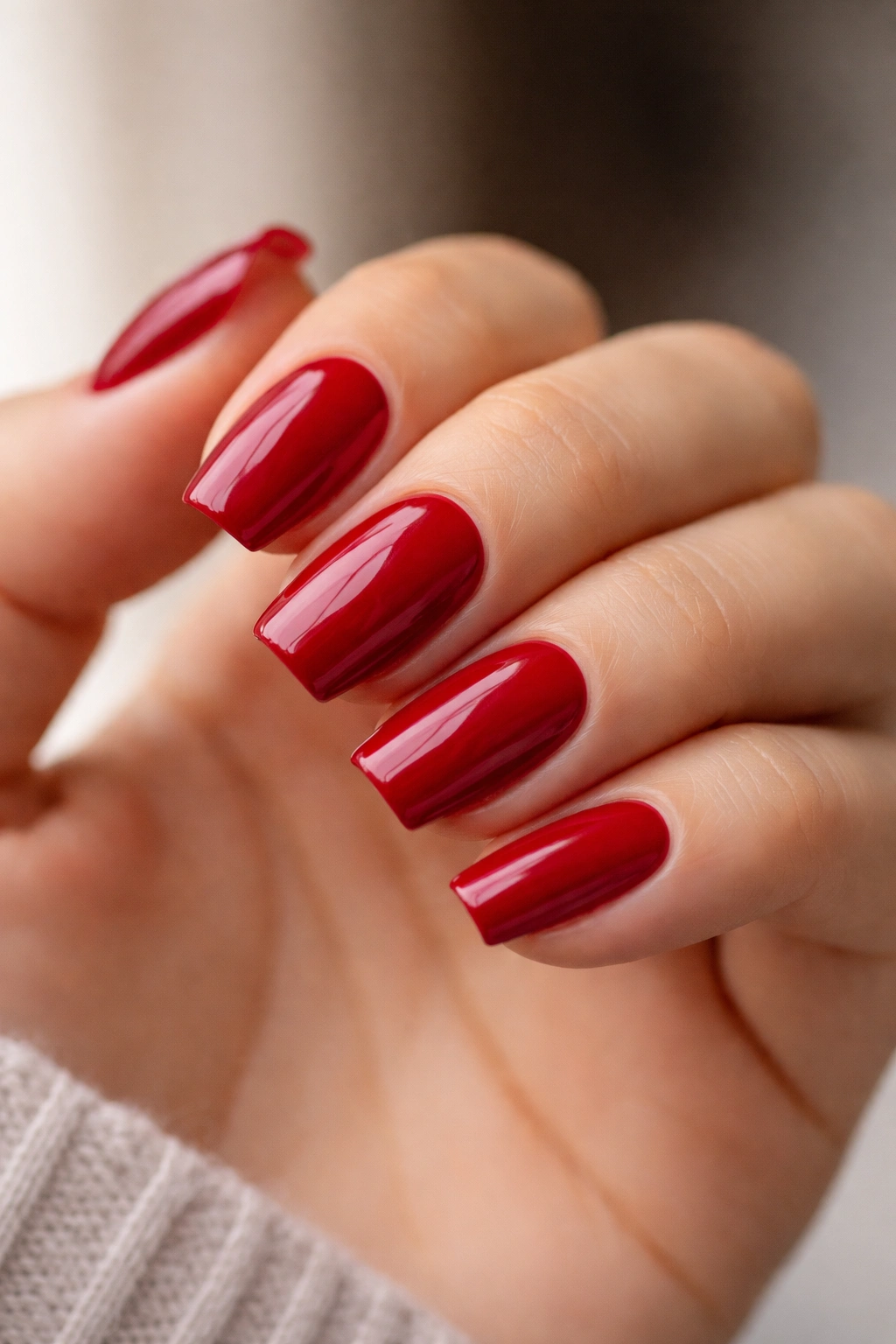 Close-up of cherry red cream nails on short coffin nails with clean edges