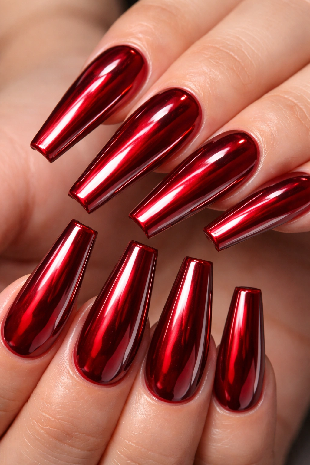 Close-up of Cherry Red Liquid Chrome coffin nails showing candy-like depth