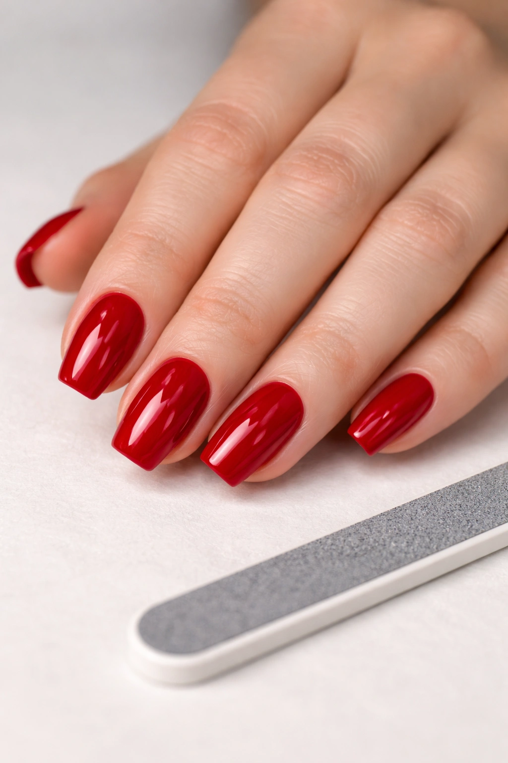 Close-up of short coffin nails in cherry red with a clean edge and a nail file nearby