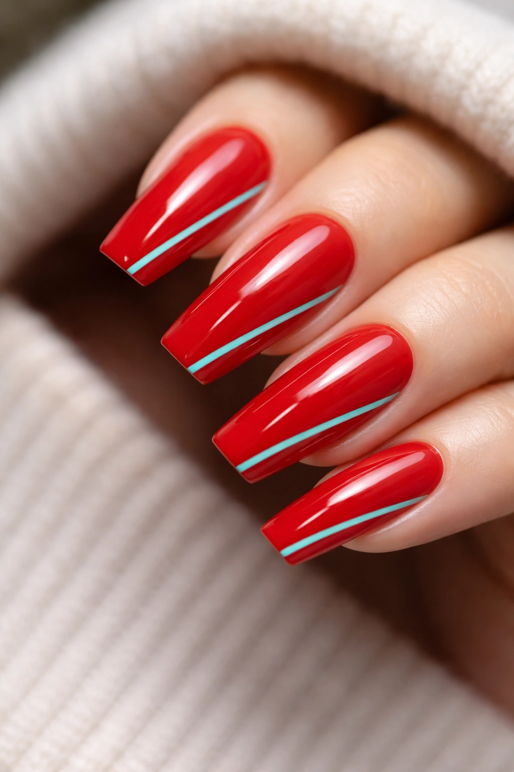 Cherry red nails with thin aqua lines on coffin nails