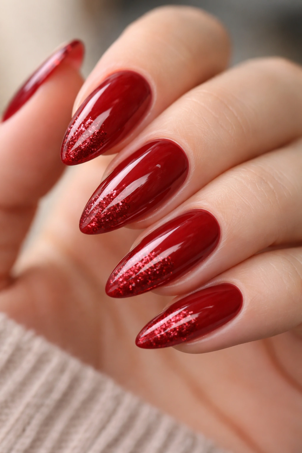 Almond nails with cherry red glitter fade at tips