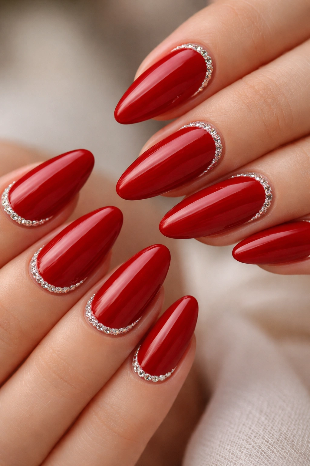 Almond nails in cherry red with a slim curved rhinestone line at the cuticle