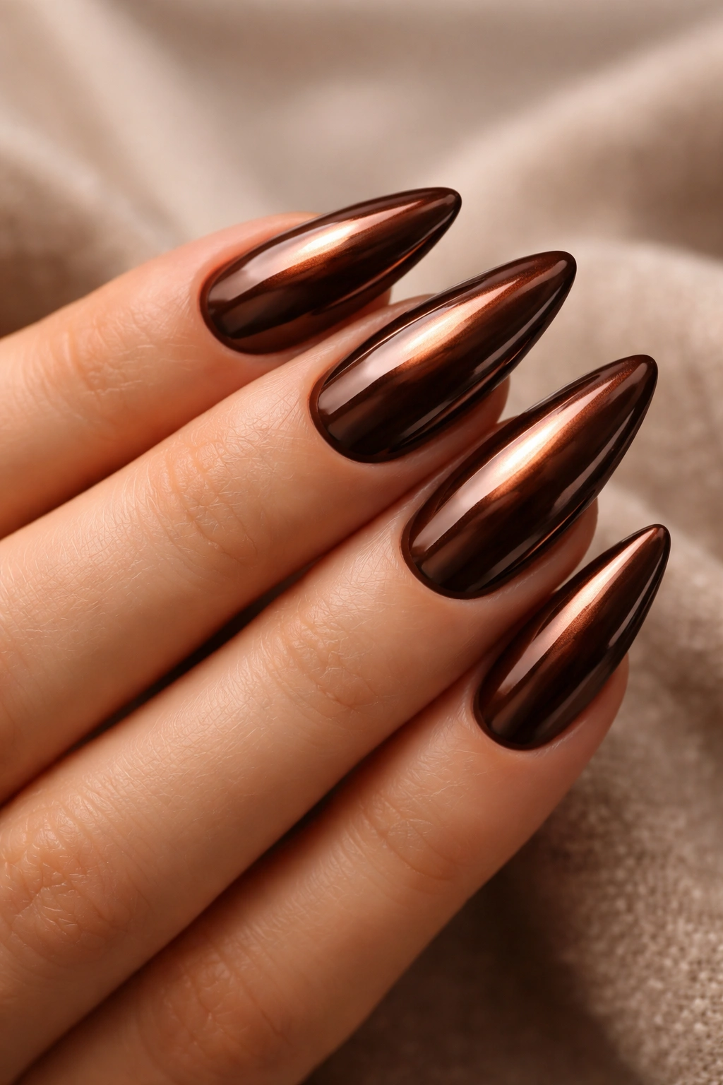 Almond nails in chocolate brown chrome with bronze-copper overlay.