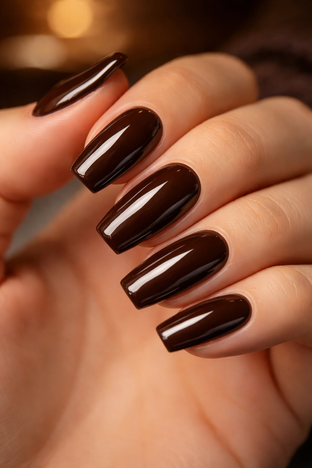 High-gloss chocolate brown coffin nails