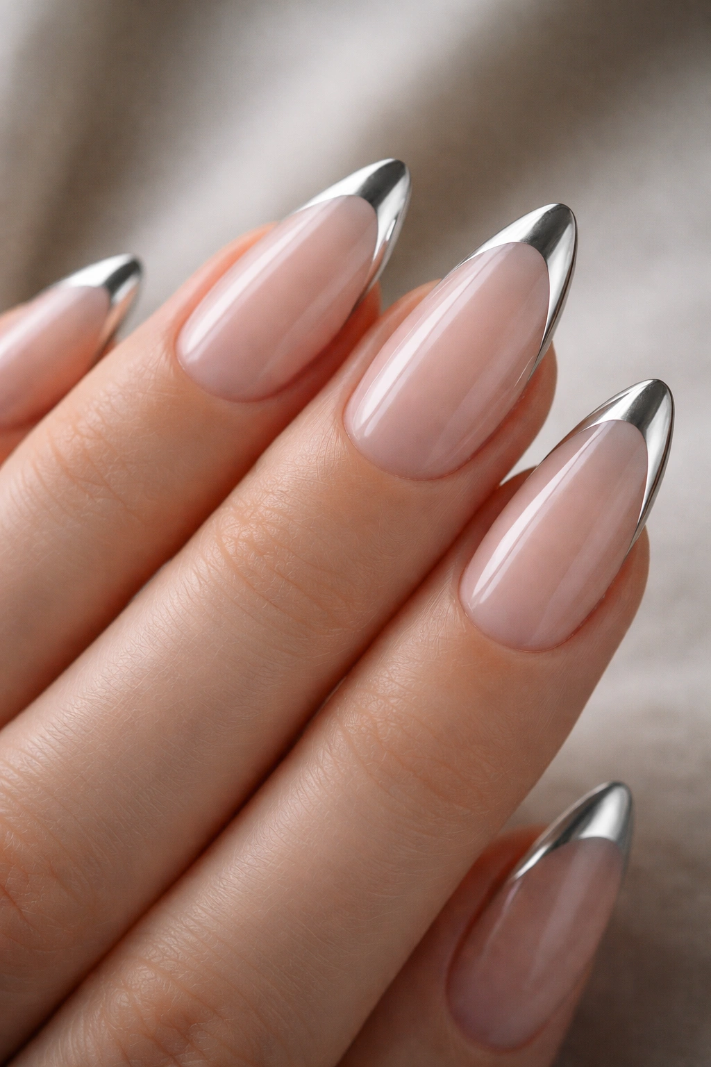 Close-up of chrome French tip almond nails with nude base and slim chrome edge