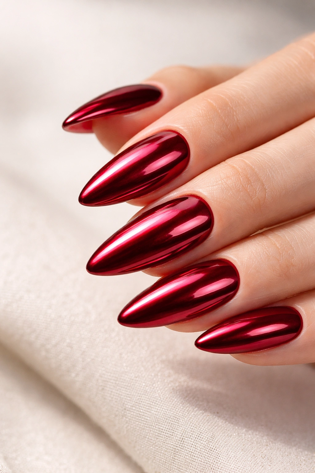 Almond nails with chrome finish and cherry red base on neutral background