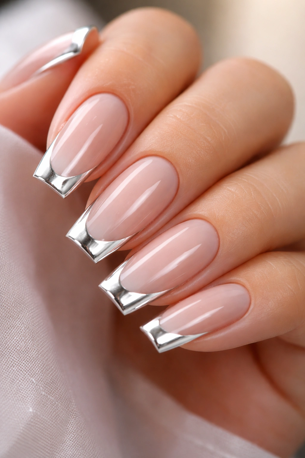 Close-up of chrome-edged French tips on medium coffin nails.