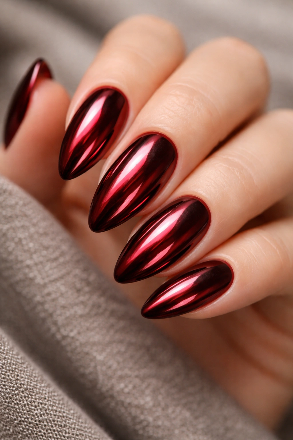 Almond nails with dark red base and chrome finish