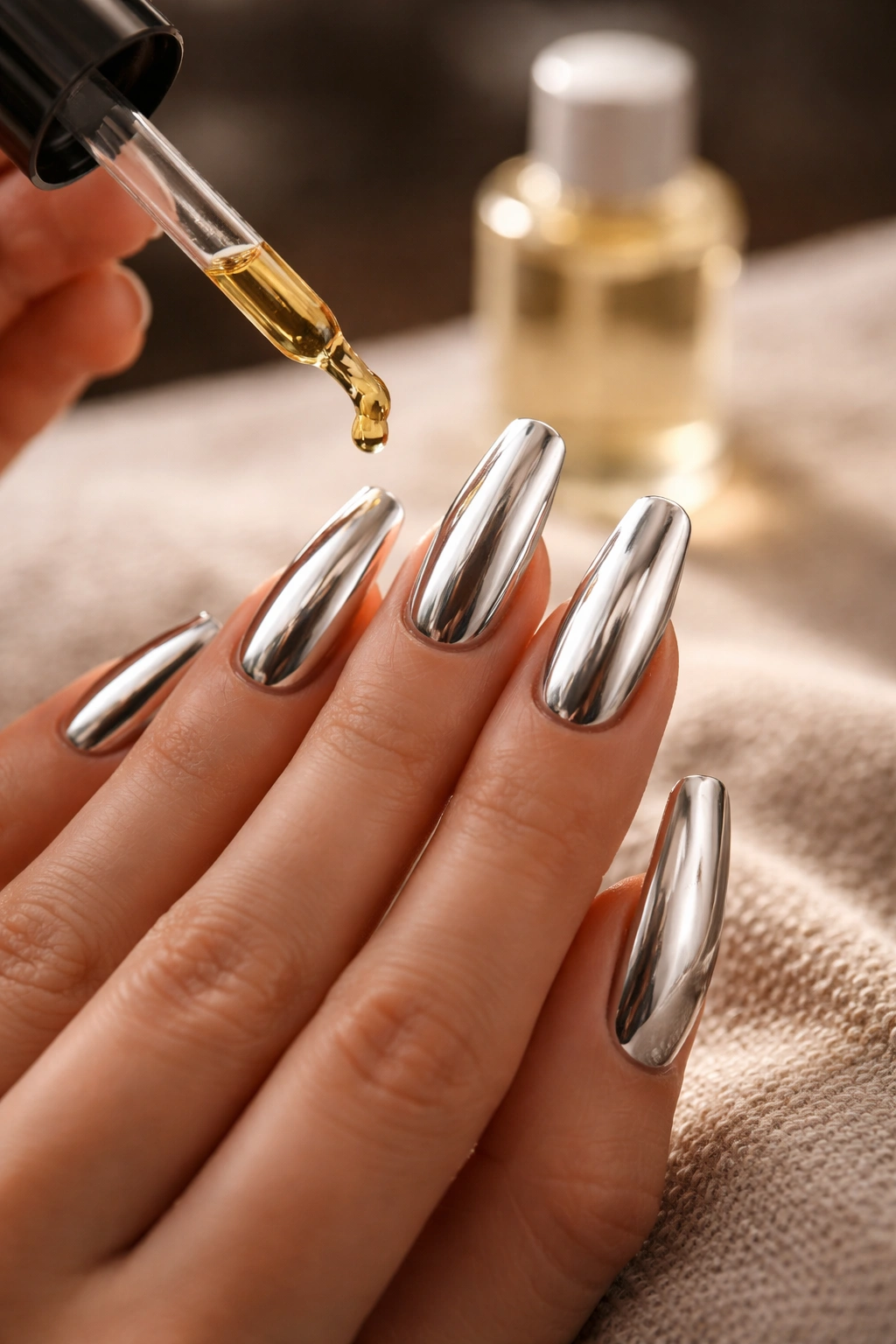Hand applying cuticle oil to chrome coffin nails in studio lighting