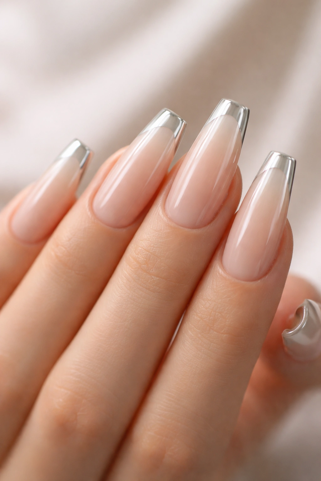 Nude coffin nails with a thin chrome tip band