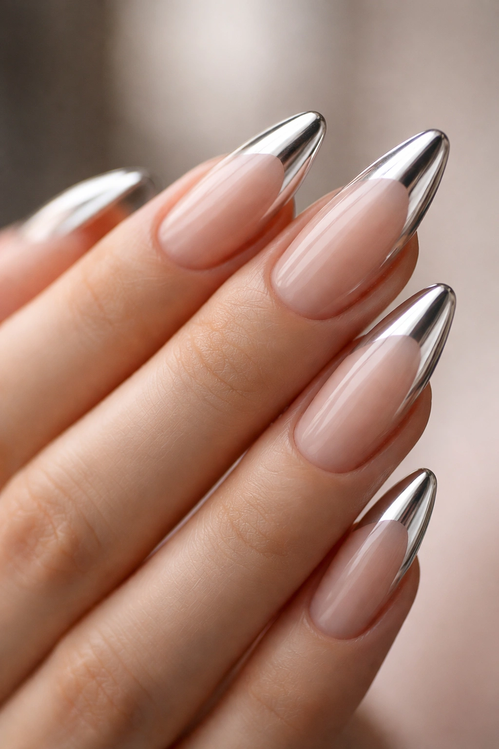 Almond nails with chrome-tipped nail tips on nude base