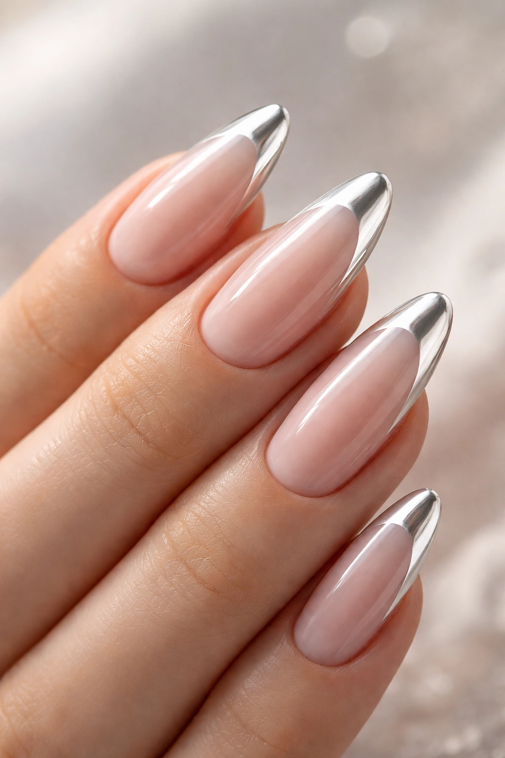 Almond fingernail with chrome white French tip on sheer nude base.