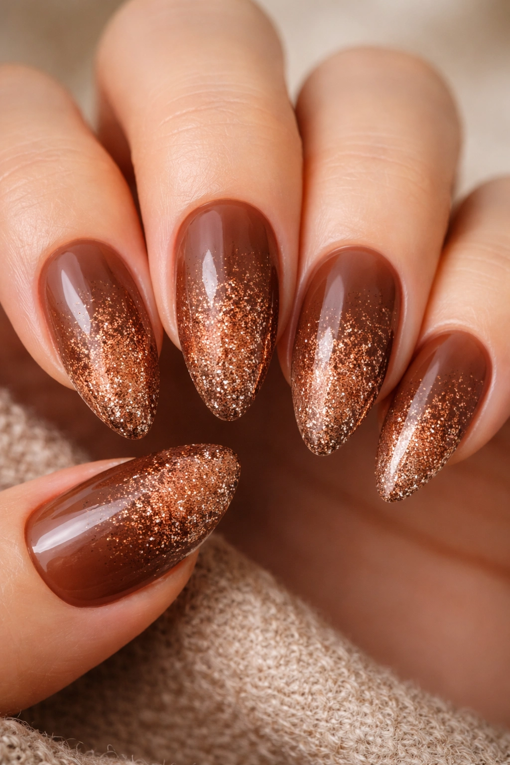 Almond nails with cinnamon glitter fade on brown base