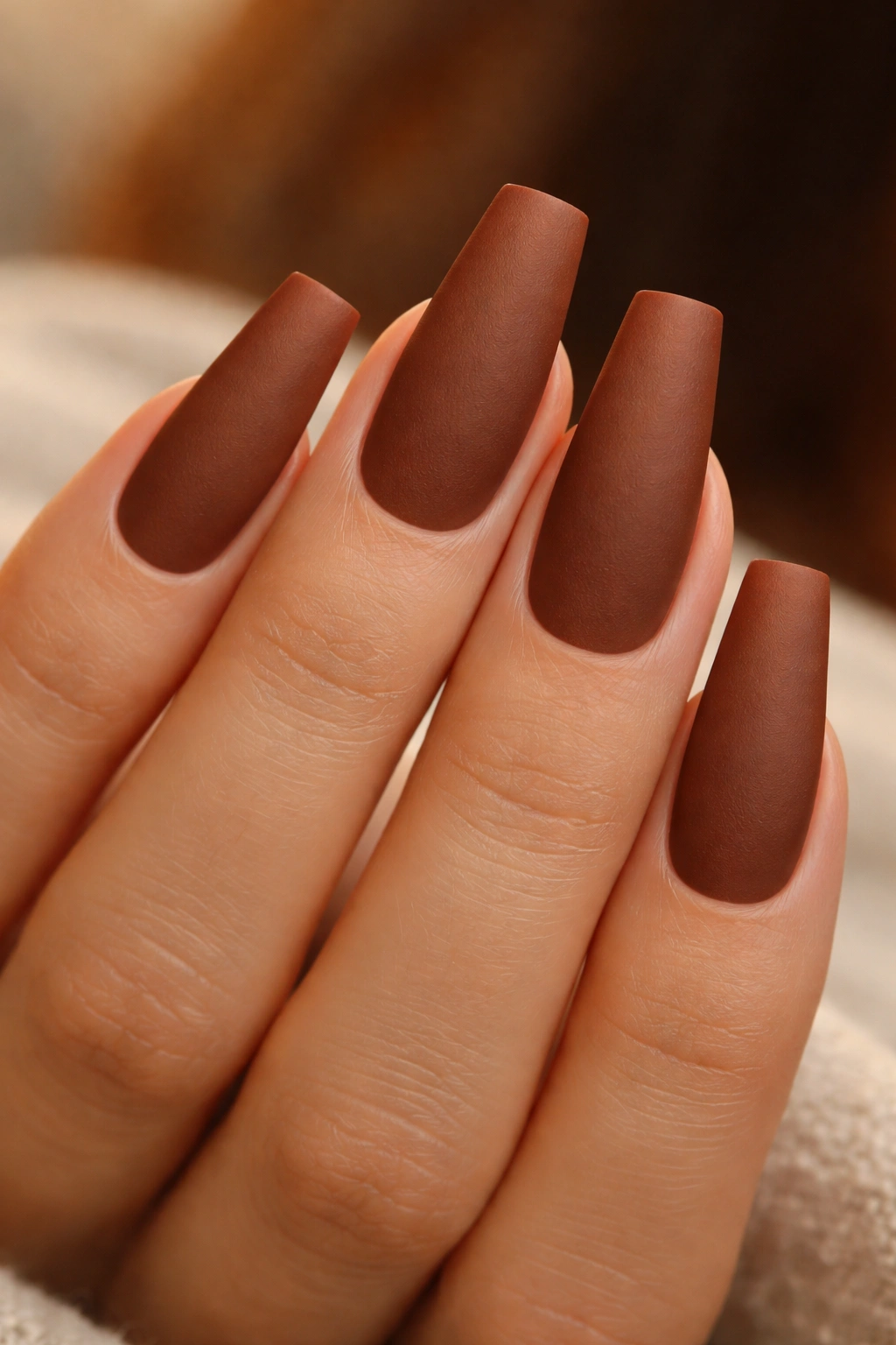 Matte cinnamon brown coffin nails on a hand with soft lighting