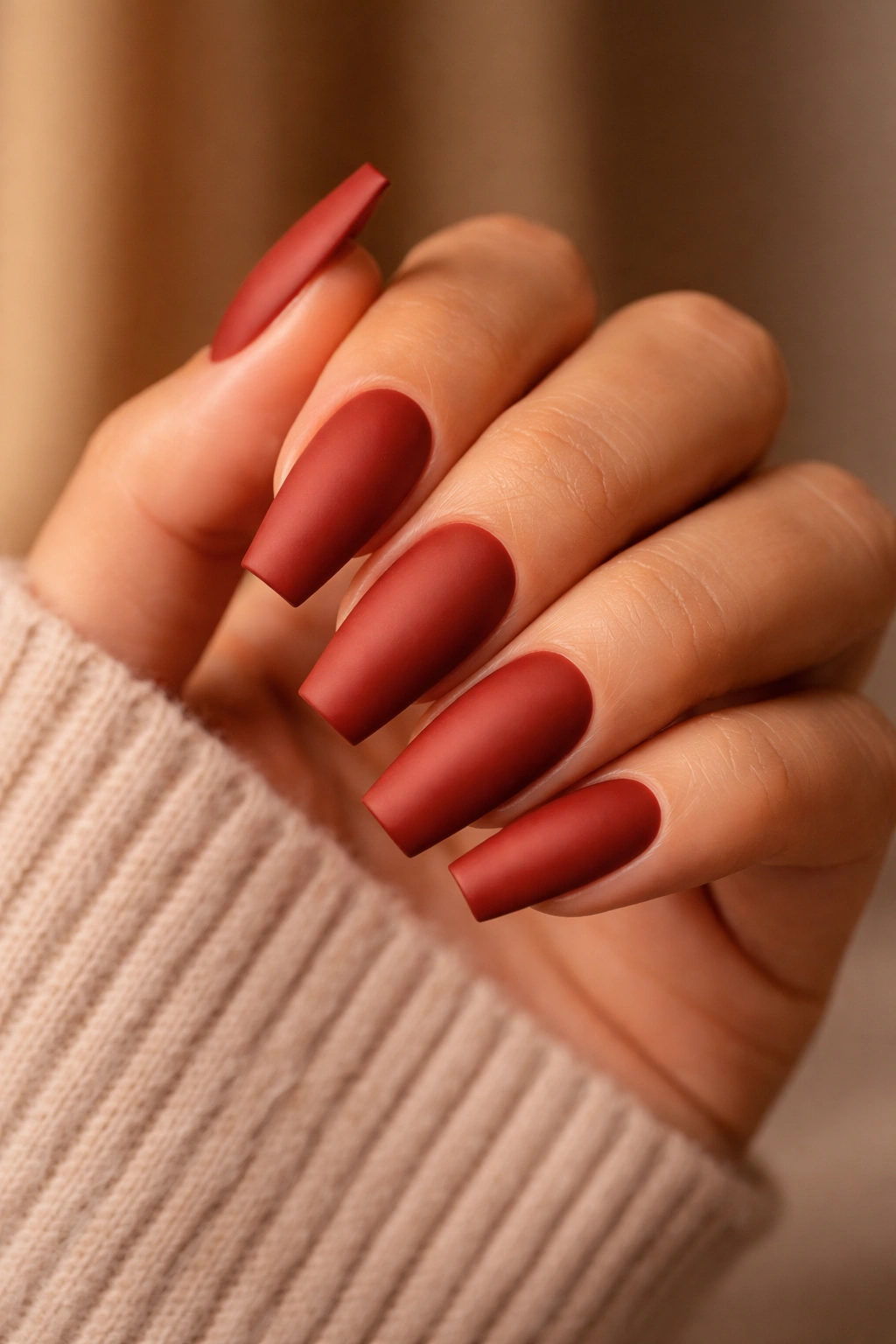 Cinnamon red coffin nails with matte finish.