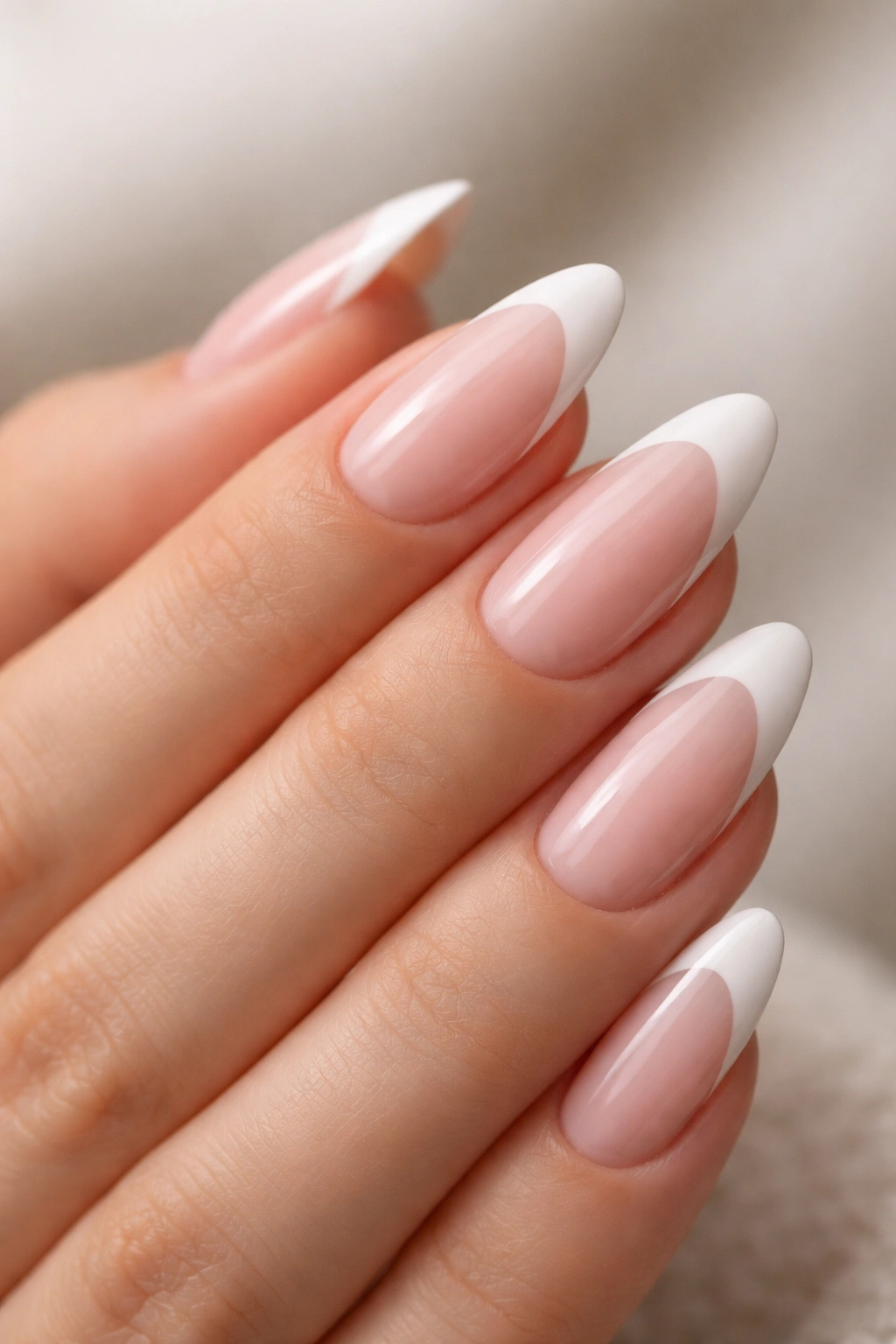 Close-up of soft almond nails with white French tips on a sheer pink base