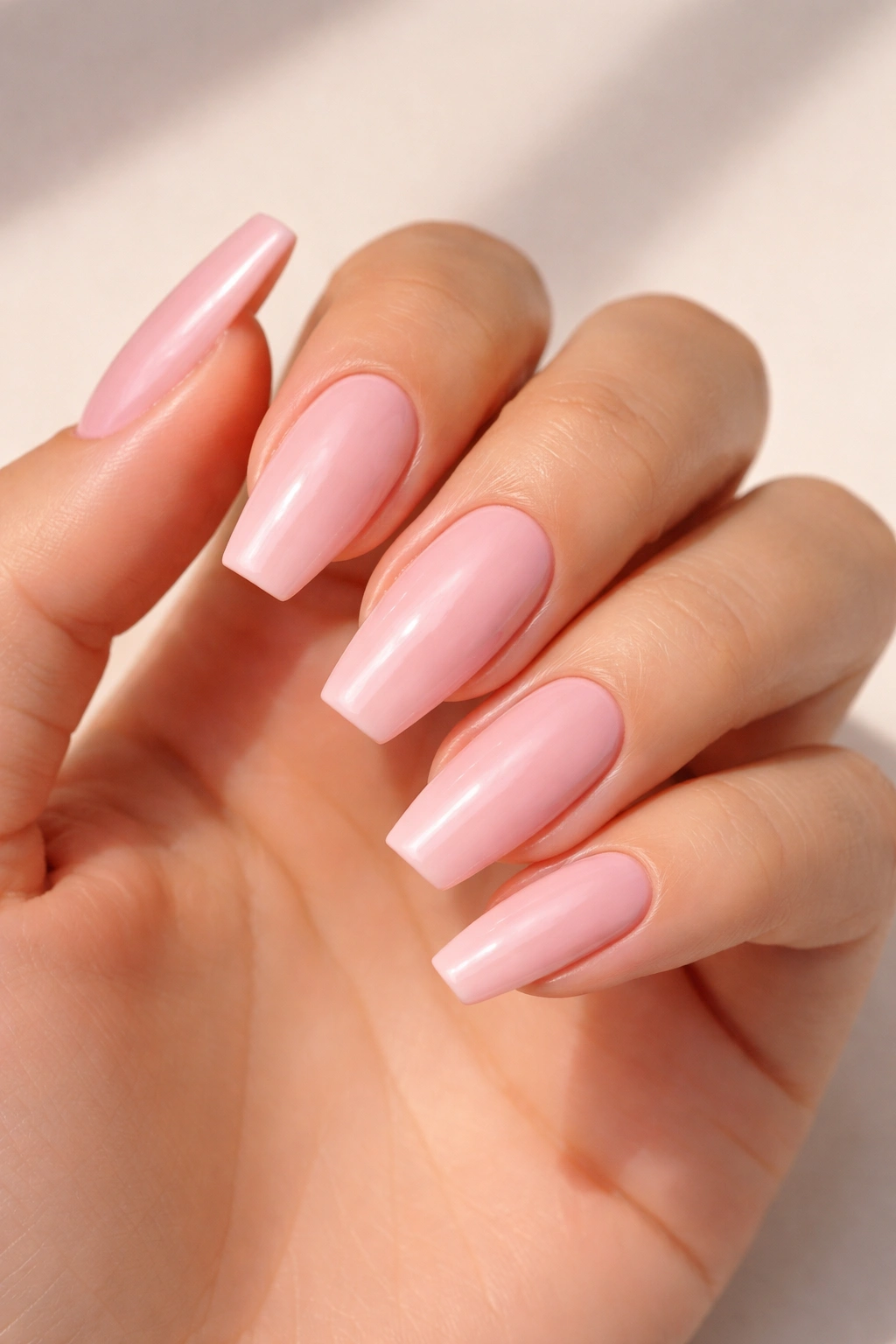Medium coffin nails in glossy baby pink with a crisp tip.