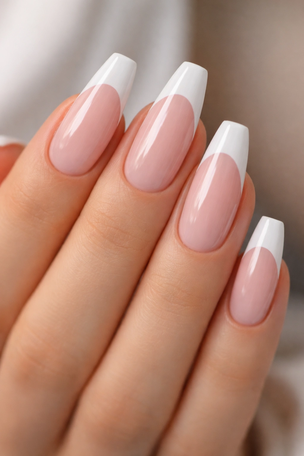 Classic light pink nails with white smile line on ballerina shape