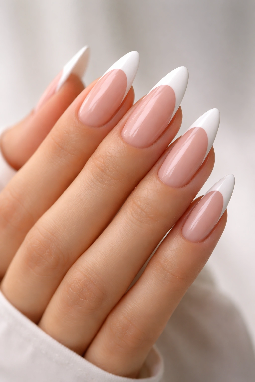 Close-up of long almond nails with white French tips on a sheer pink base