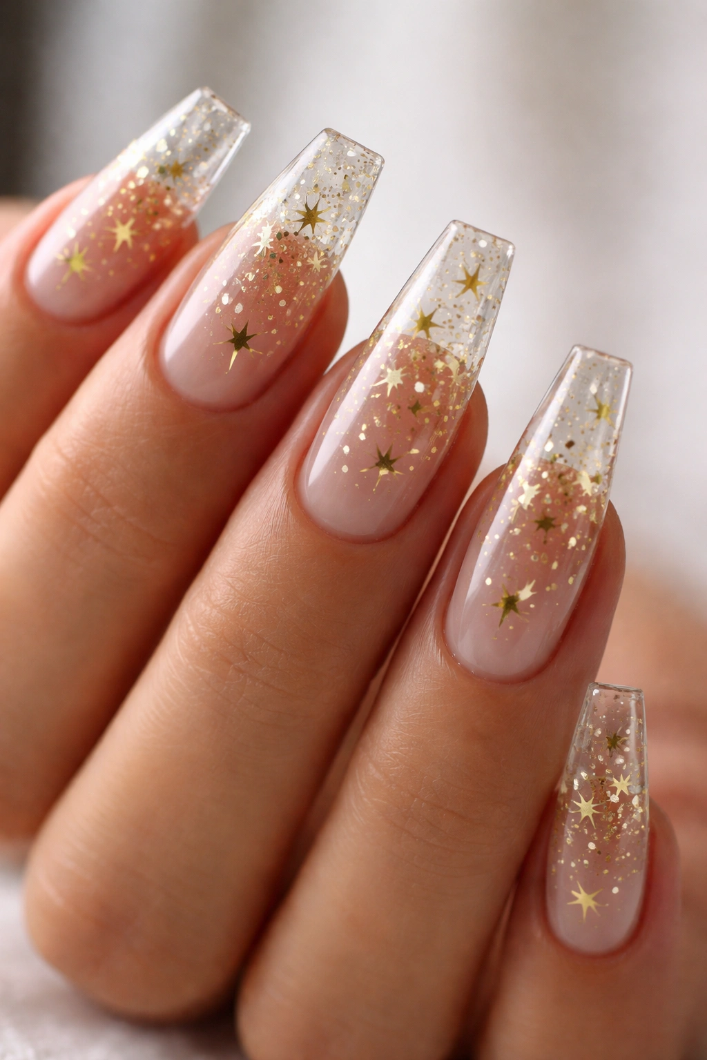 Close-up of clear coffin nails with encapsulated gold stars, floating glass-like depth