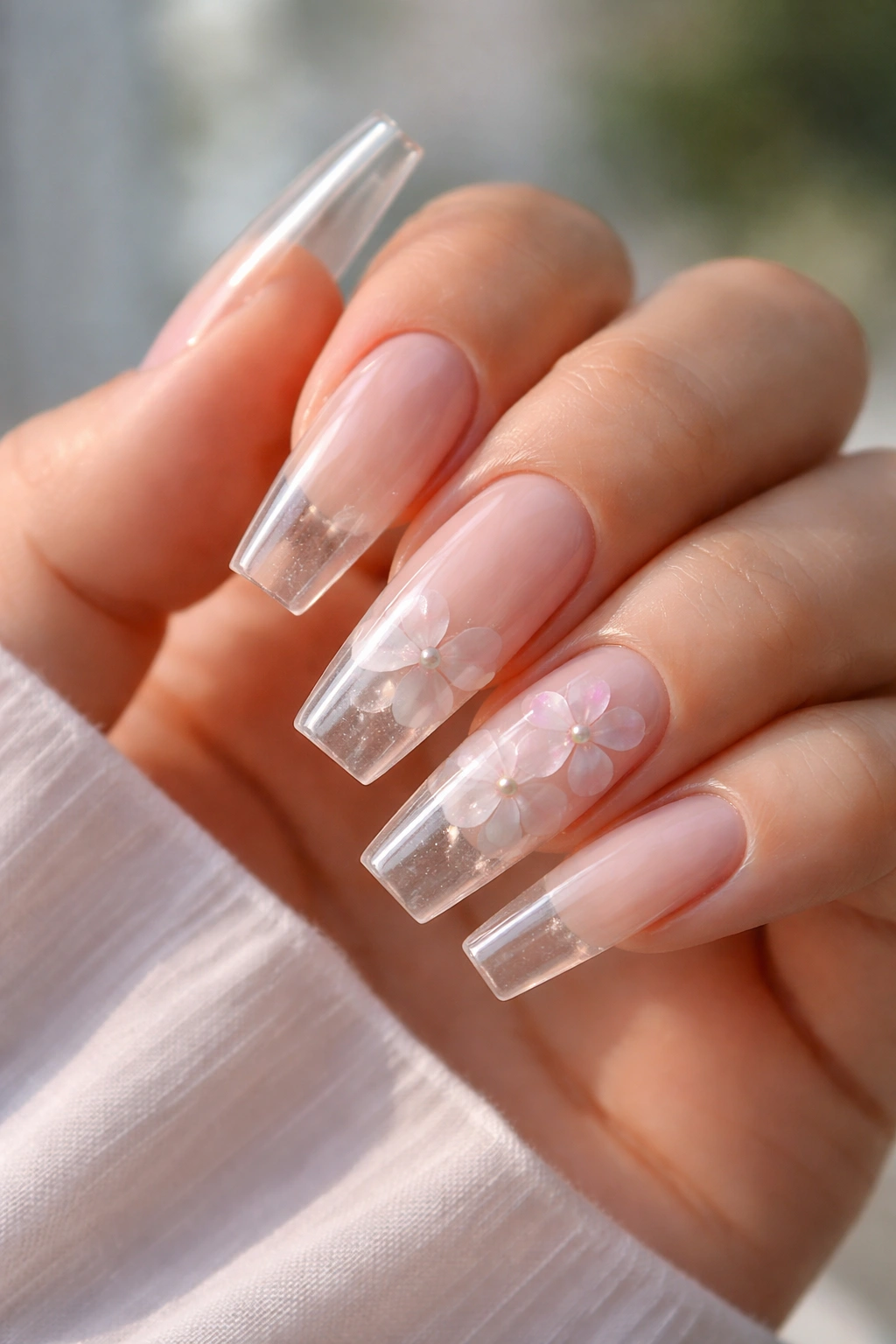 Clear acrylic coffin nails with pressed petals on translucent tips