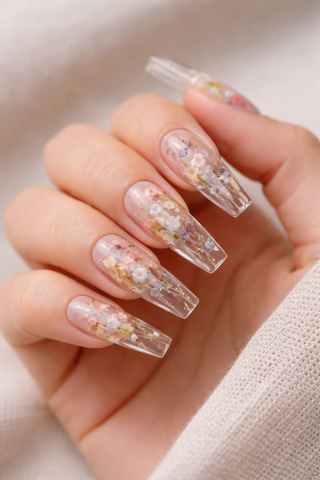 Clear coffin nails showing encapsulated flower pieces inside the gel