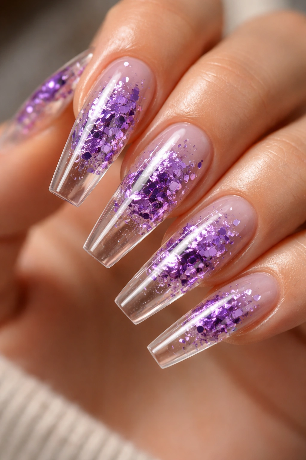 Clear coffin nails with purple foil embedded inside