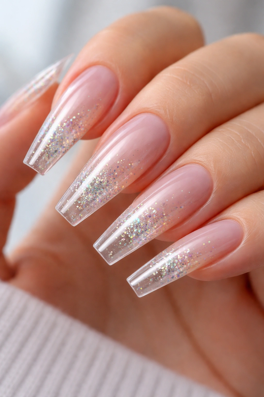 Close-up of clear coffin nails with encapsulated glitter and crisp apex