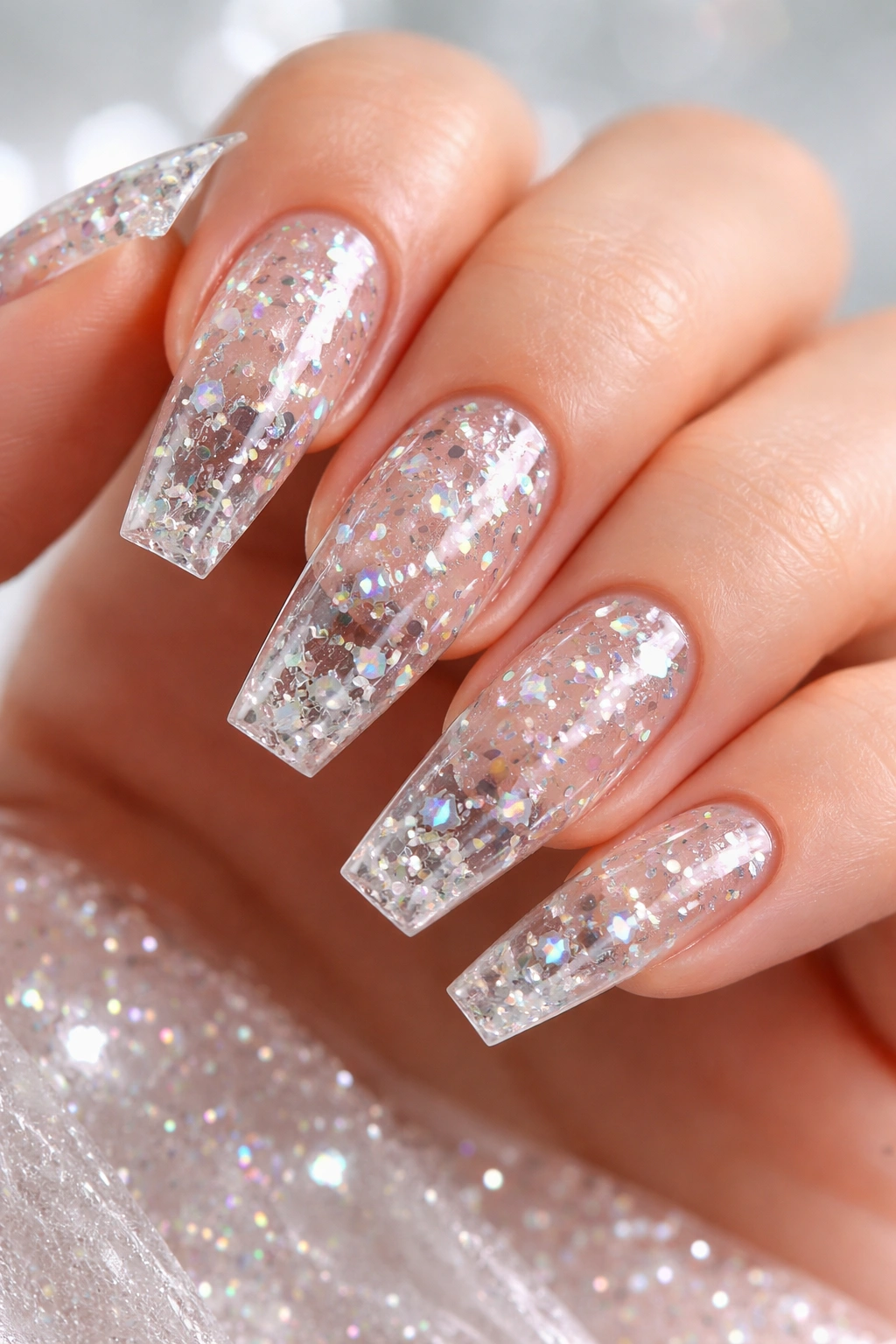 Close-up of clear coffin nails showing floating silver and iridescent glitter