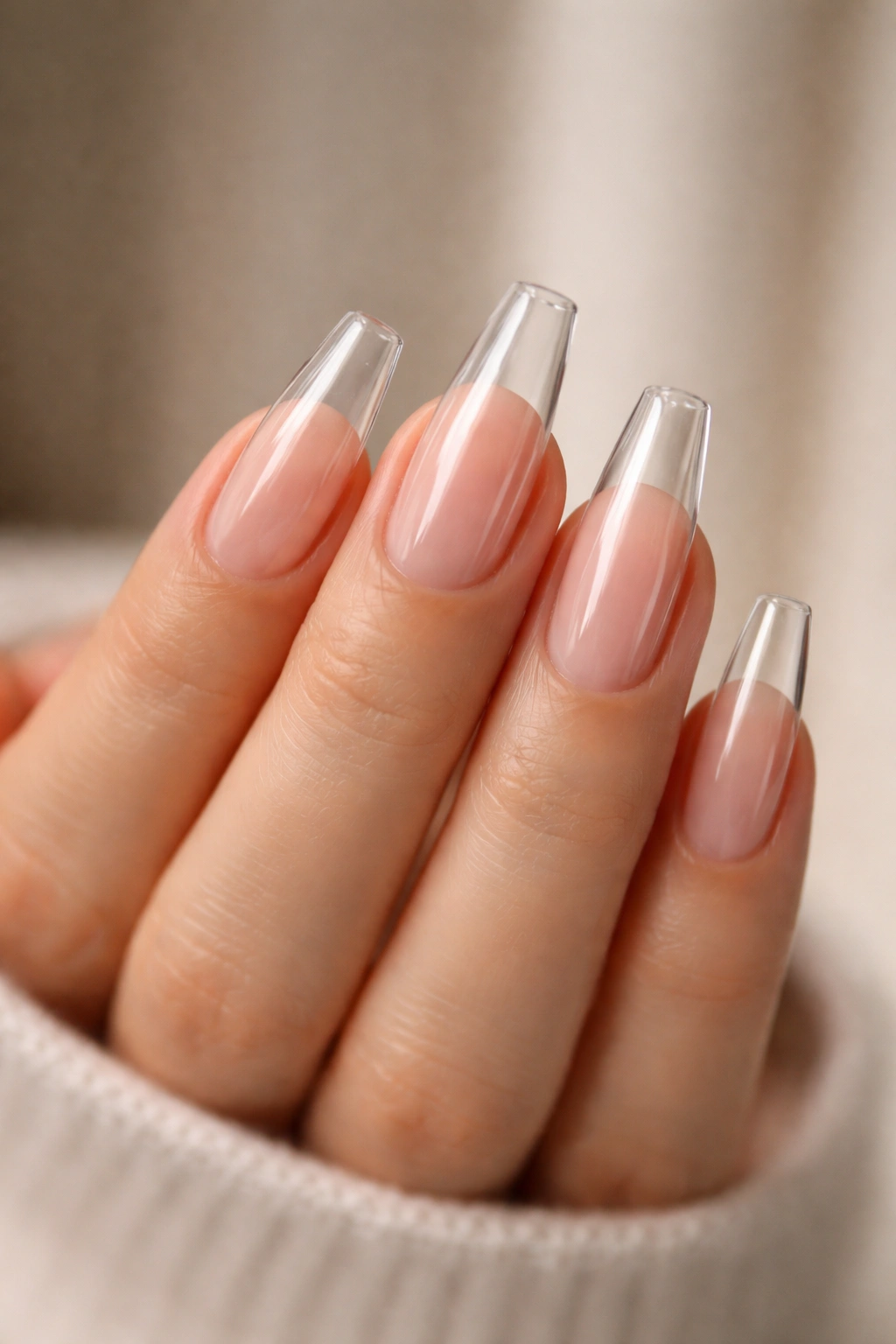 Glossy clear coffin nails with pristine glass-like surface, free of cloudiness