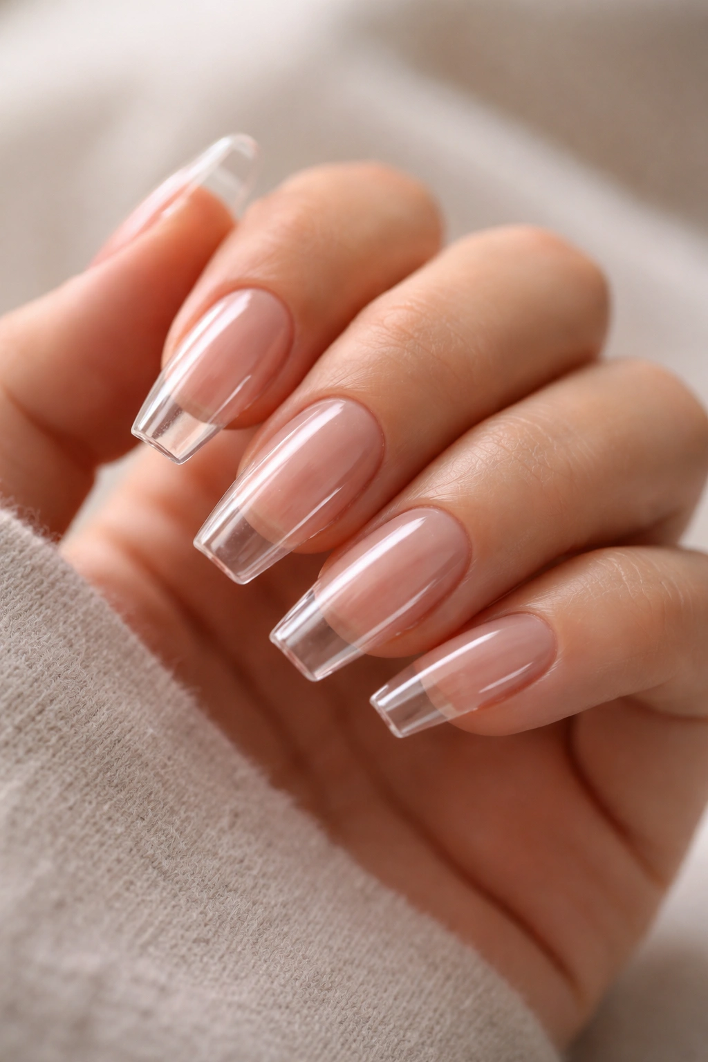 Close-up of clear coffin nails with glassy finish and minimal art on a hand