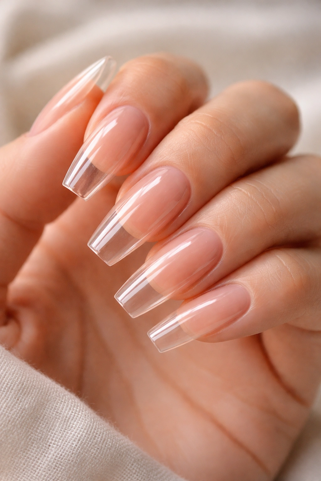 Close-up of clear gloss coffin nails showing natural nail bed