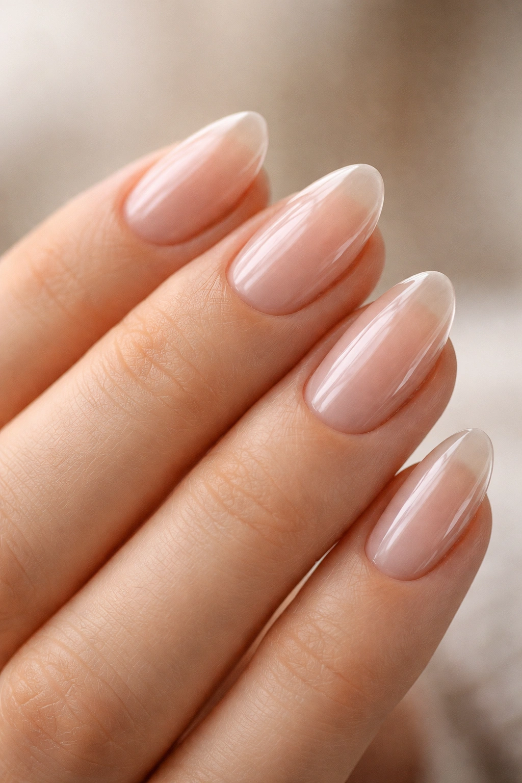 Close-up of short almond nails with clear glossy finish and visible natural nail beds