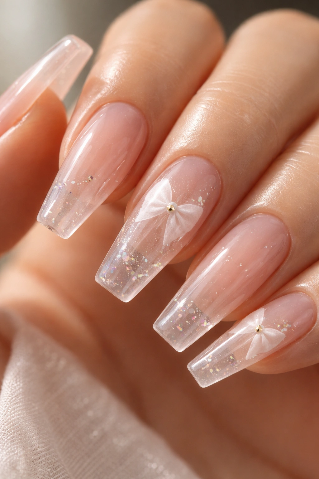 Close-up of clear jelly coffin nails with floating white bows under a glossy finish
