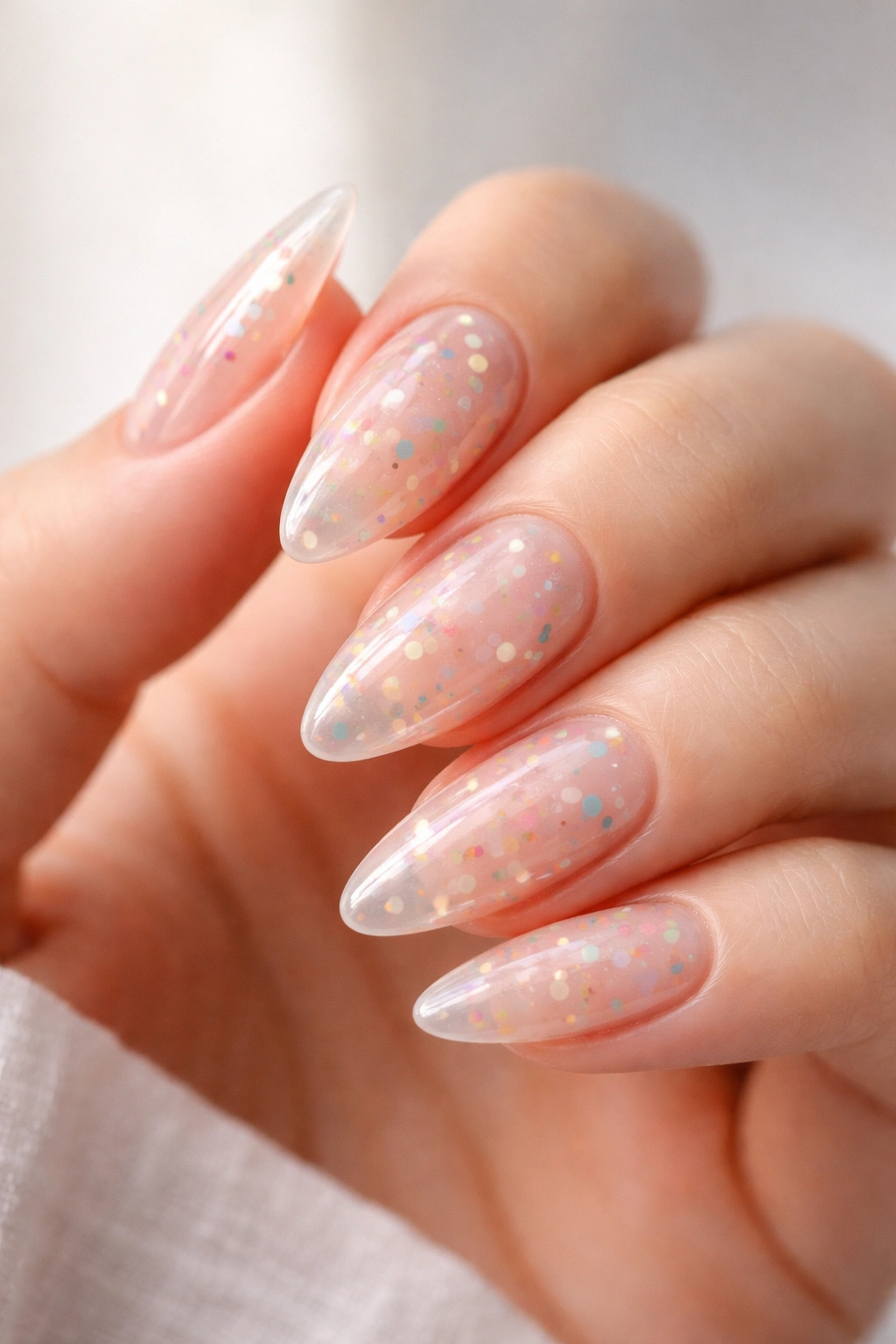 Close-up of almond nails with translucent jelly base and scattered confetti