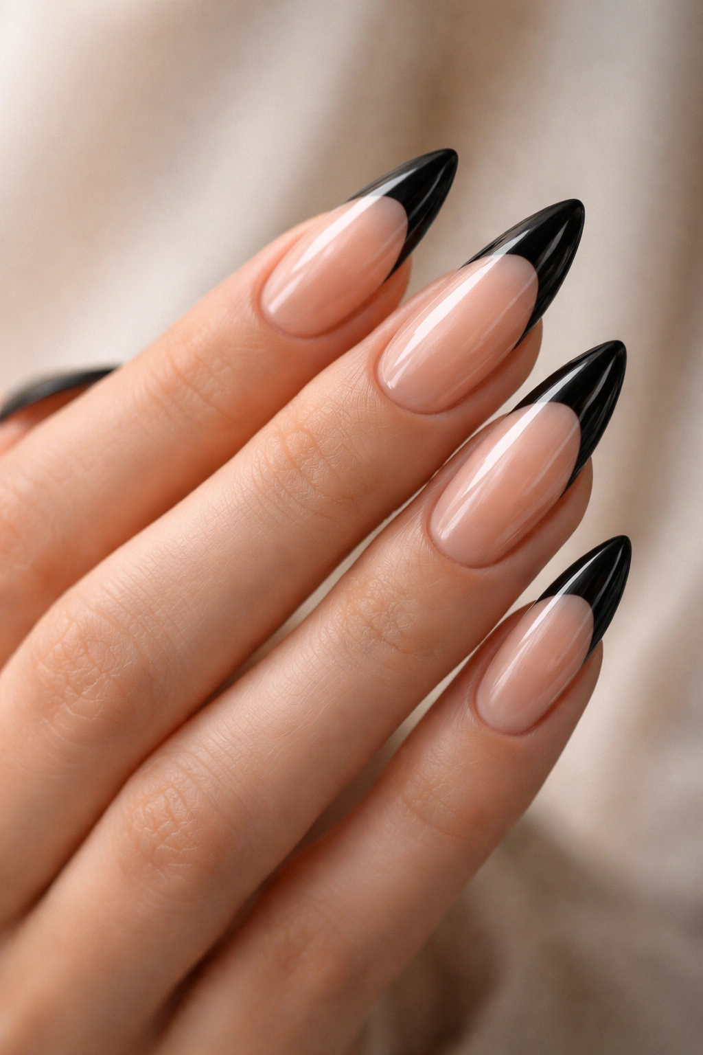 Jelly clear almond nails with black tips