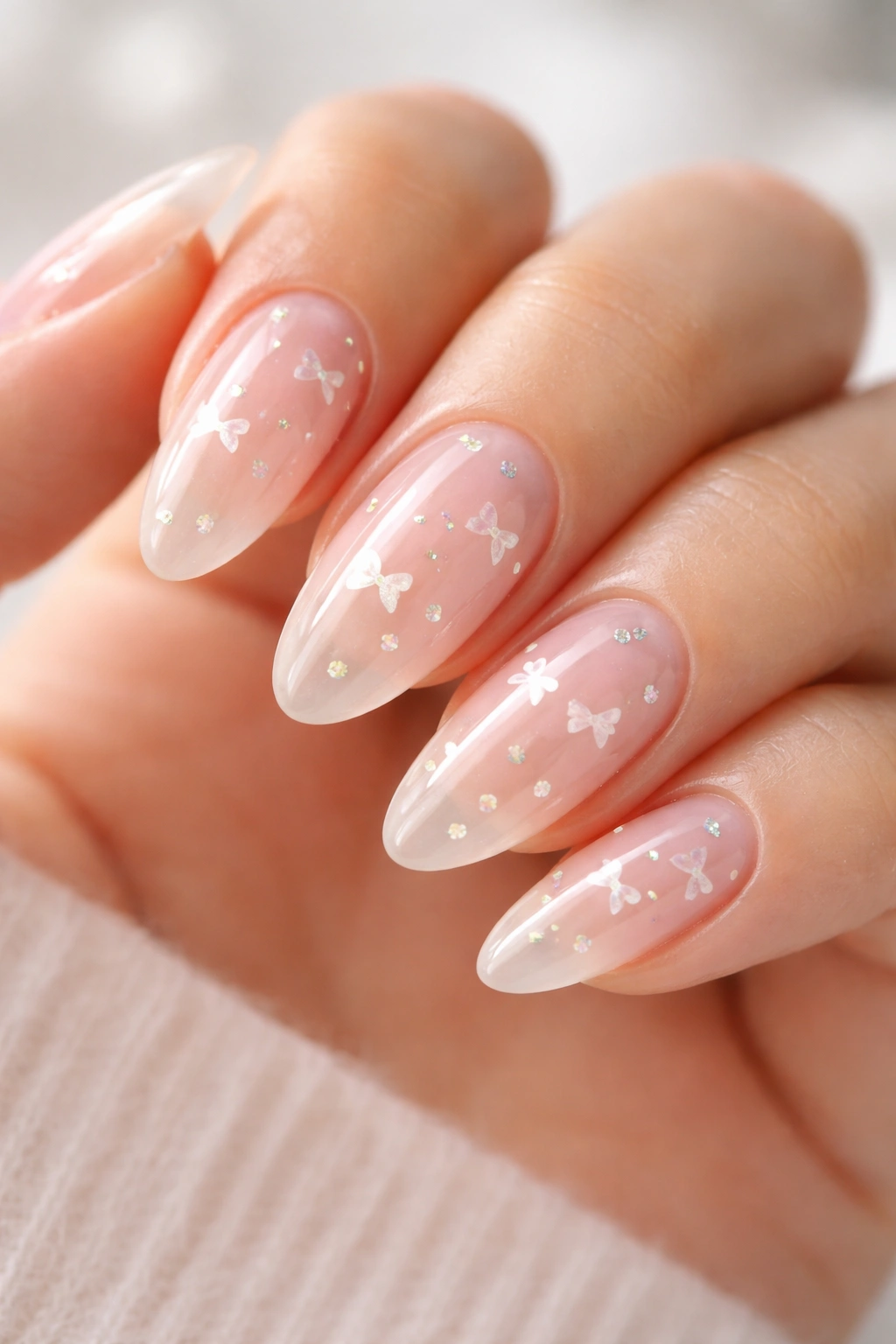 Clear jelly almond nails with floating bow confetti on a minimal backdrop.