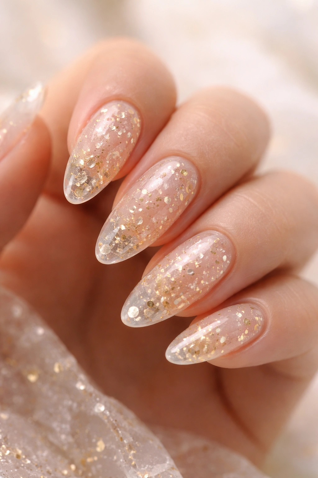 Translucent almond nails with scattered gold flakes in a jelly base.